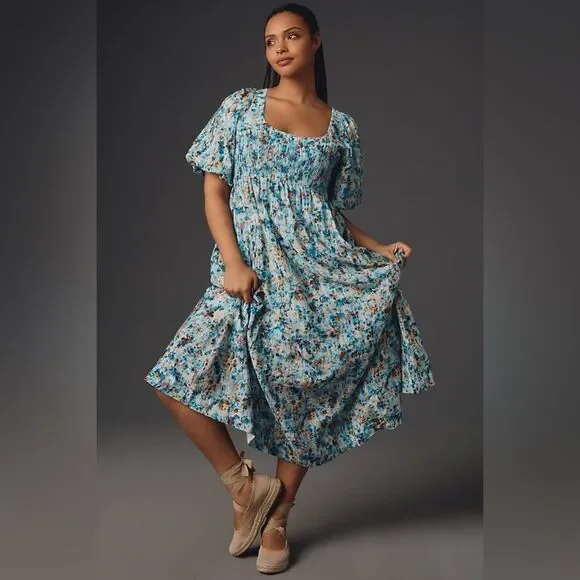 By Anthropologie Blue Floral Short-Sleeve Smocked Babydoll Midi Dress Size 3X - Picture 10 of 10